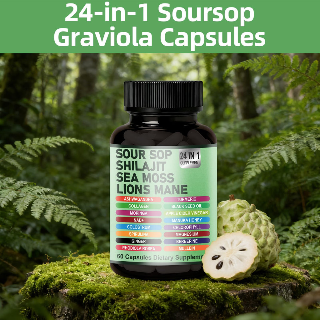 24-in-1 Soursop Graviola Capsules with Sea Moss, Shilajit, Lions Mane, Natural Supplement for Immune Support, Energy, Gut Health, Vegan, 60 Capsules