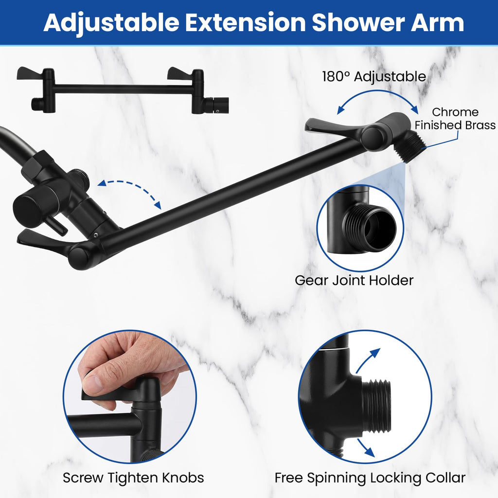 Tudoccy Shower Head, 8‘’ High Pressure Rainfall Shower Head/Handheld Shower Combo with 11'' Extension Arm, 9 Settings Anti-leak Shower Head with Holder, Height/Angle Adjustable, Matte Black