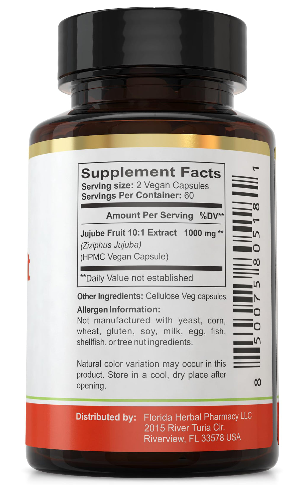 Florida Herbal Pharmacy, Jujube Fruit Extract Supplement Capsules 10:1 (120 Capsules) Two Months Supply