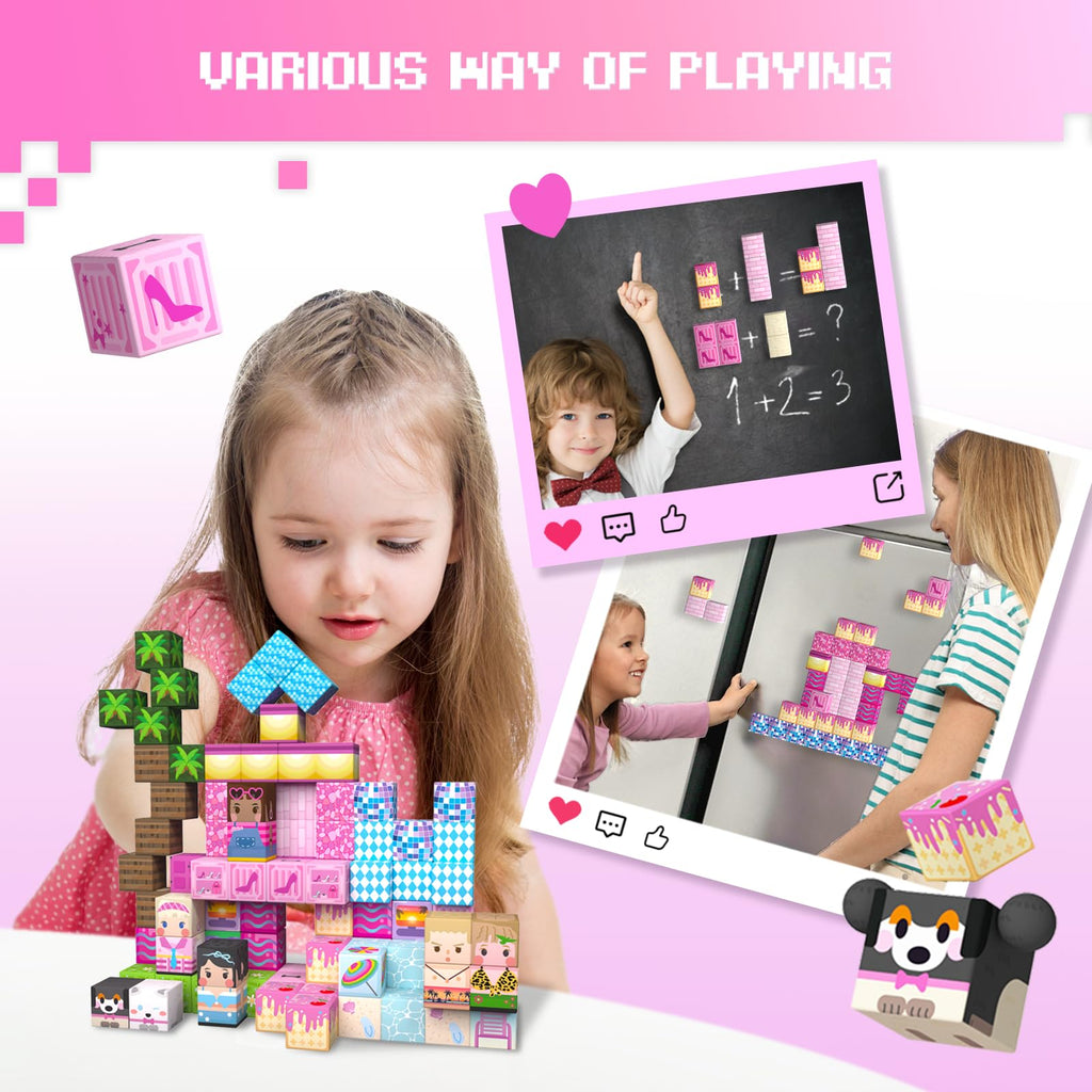 GobiDex 100PCS Magnetic Blocks Princess Building Toys for Girls 3+, Magnet Pink Castle STEM Sensory Playsets for Toddler Kids Birthday Gifts