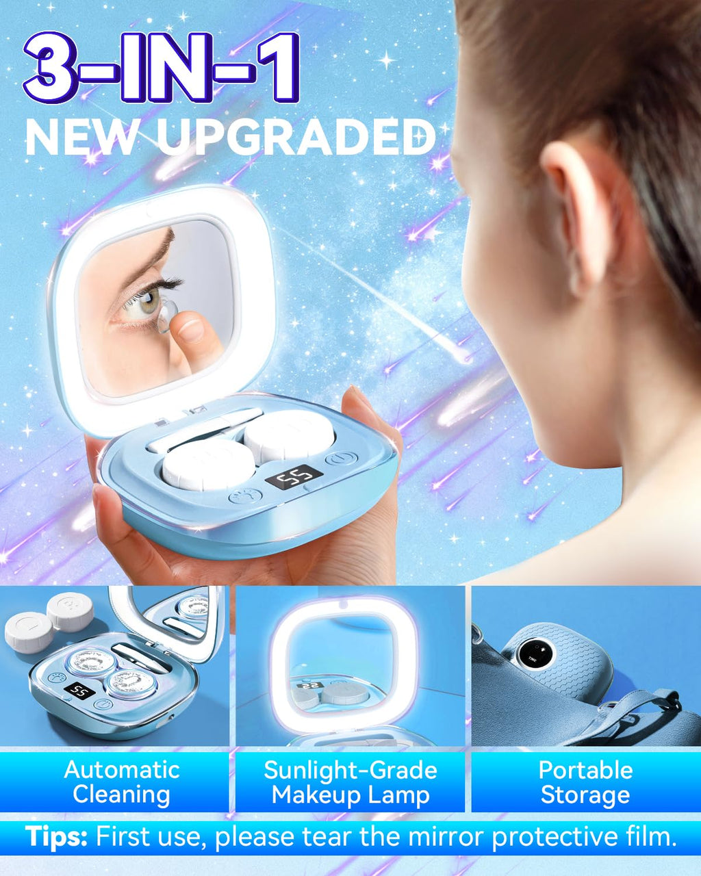 2025 Upgraded Ultrasonic Contact Lens Cleaner【50KHz Germany Super Motor】【Top1 Intelligent Chip-Smart Modes】 Gentle Cleaning & 99% Brightness, Portable Contact Lens Care Tools Home Travel (Blue)