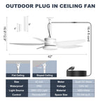 Phylluz Outdoor Ceiling Fan with Lights, 48 Inch Plug in Gazebo Fans with Remote APP Control, Quiet DC Motor, Dimmable 3CCT, Waterproof Hanging Fans for Covered Patios, Porch, White