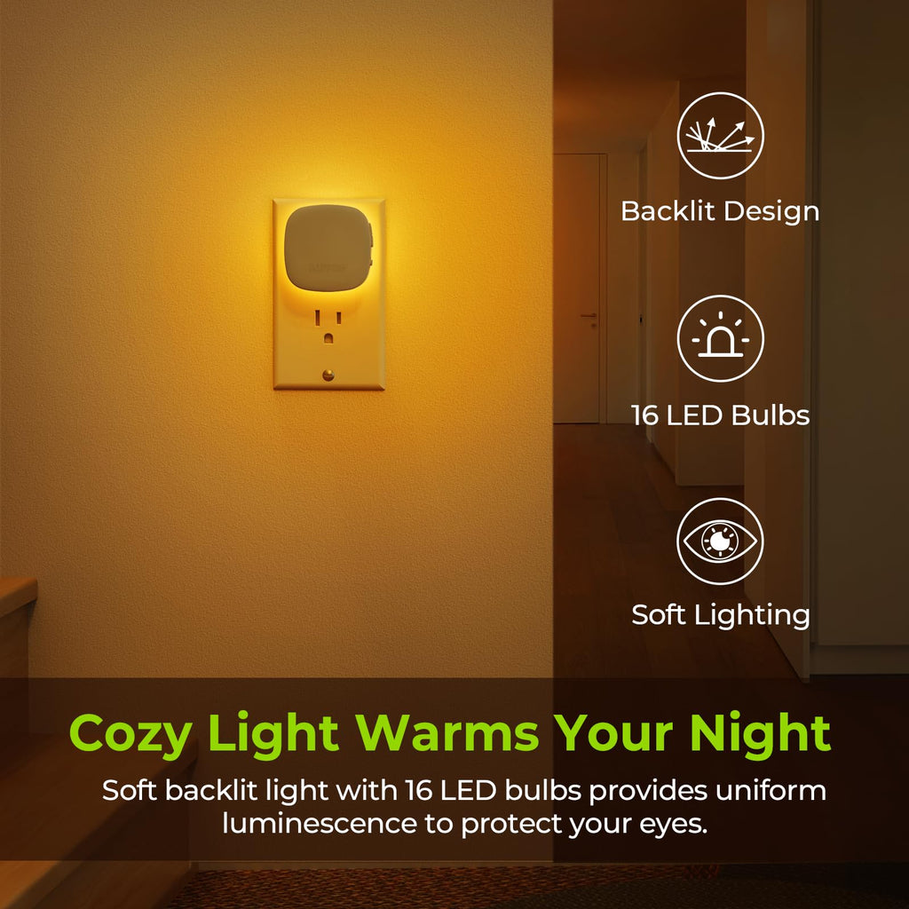 AUVON Plug-in LED Backlit Night Light with Motion Sensor & Dusk to Dawn Sensor, Dimmable Amber Nightlight with 1-50 lm Adjustable Brightness for Bathroom, Bedroom, Hallway, Stairs (2 Pack)