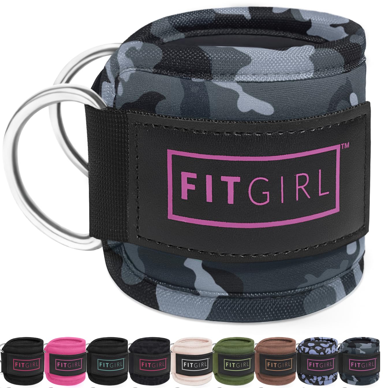 FITGIRL - Ankle Strap (Pair) for Cable Machines and Resistance Bands, Work Out Cuff Attachment for Home & Gym, Glute Workouts - Kickbacks, Leg Extensions, Hip Abductors, Women Only (Camo, Pair)