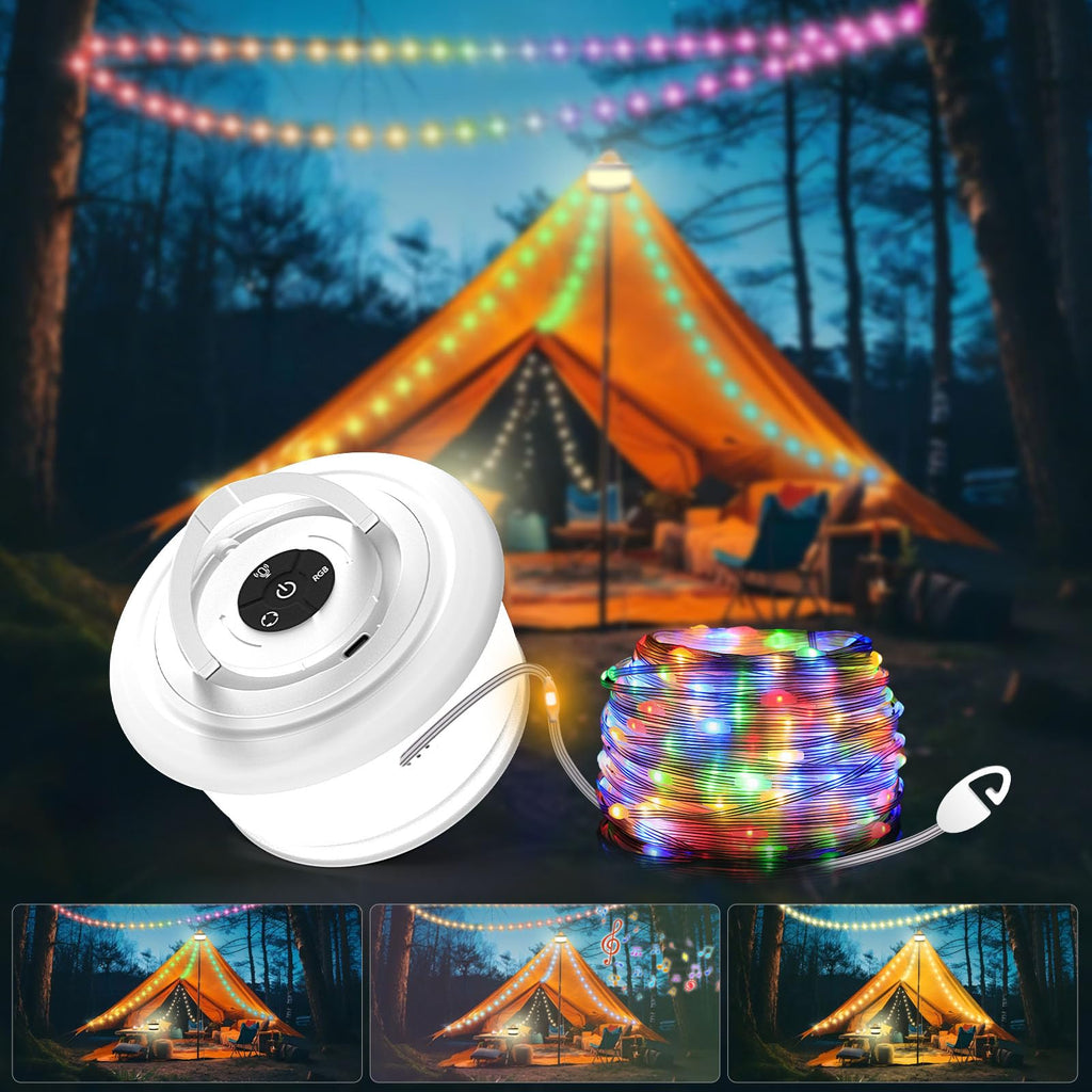 TOHETO 2-Pack Camping String Lights, 3 in 1 Upgraded Retractable RGB Outdoor String Lights with 19 Lighting Modes, Quick 30s Recovery, 32.8 FT Portable Tent Light, Rechargeable Camping Lantern (White)