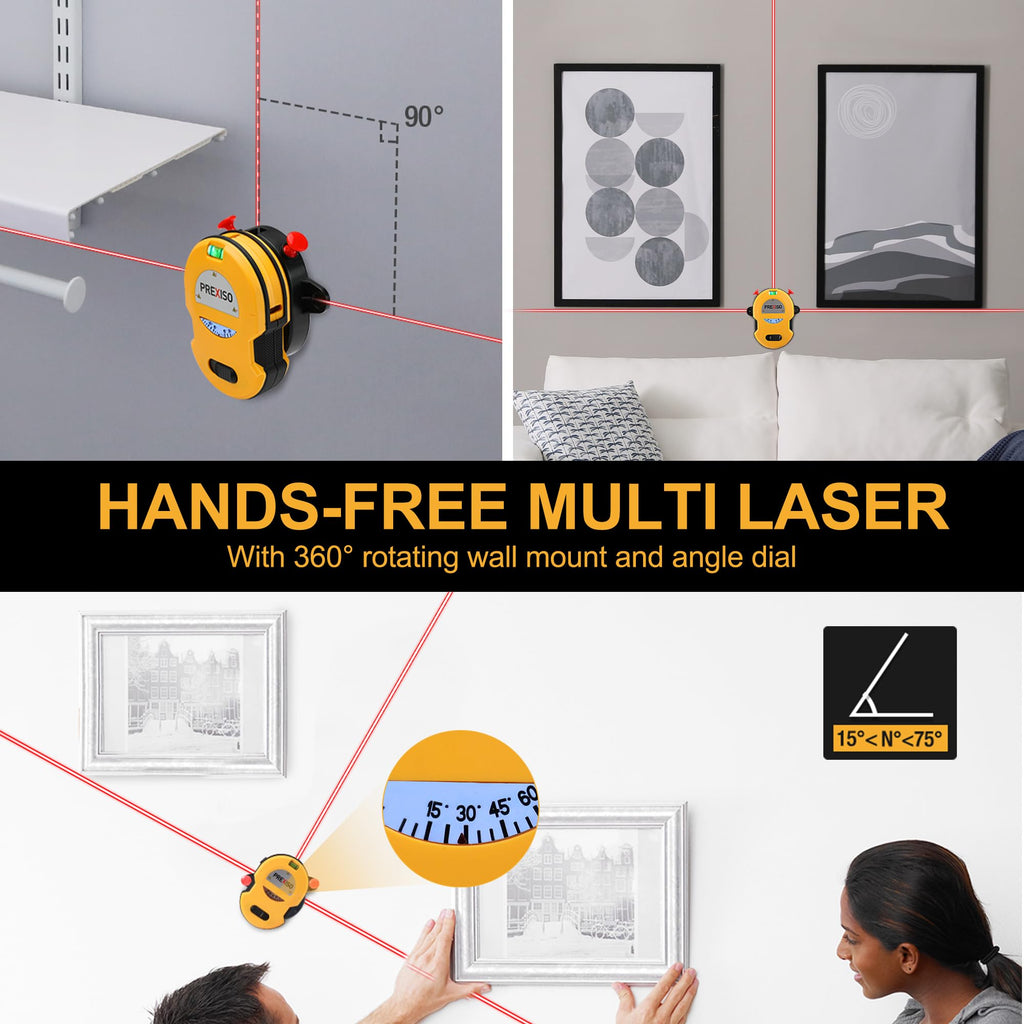 PREXISO Multi Surface Laser Level LED Light Vial, 30Ft Horizontal & Vertical Line Laser with Wall Mount Base, 2 Pins, 10 Sticker, 2 AA Batteries for Hanging Frames & Picture, Construction Gift for Dad