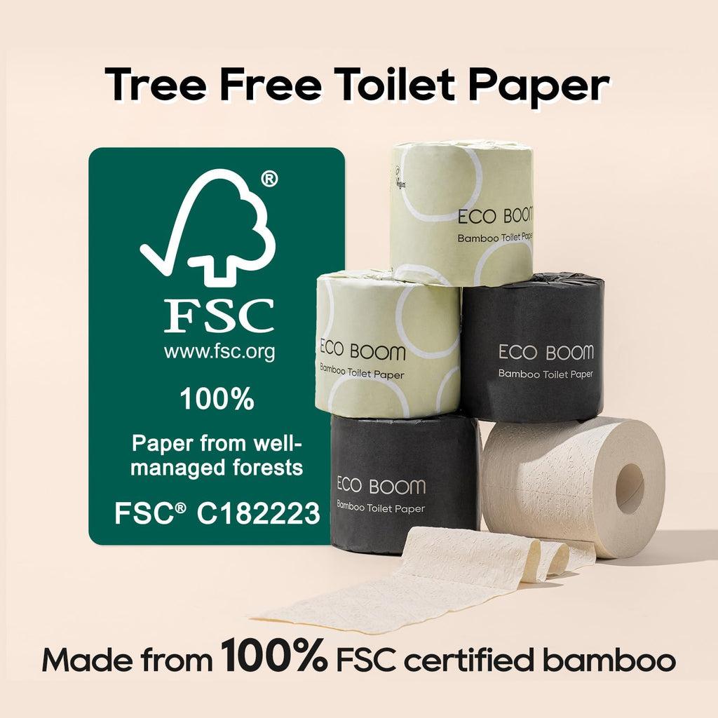ECO BOOM Unbleached Bamboo Toilet Paper, 100% Tree-Free & Plastic-Free, 3-Ply Strong, FSC Certified, Unscented, 9 Rolls, 360 Sheets | PFAS Free, BPA Free & Septic Safe