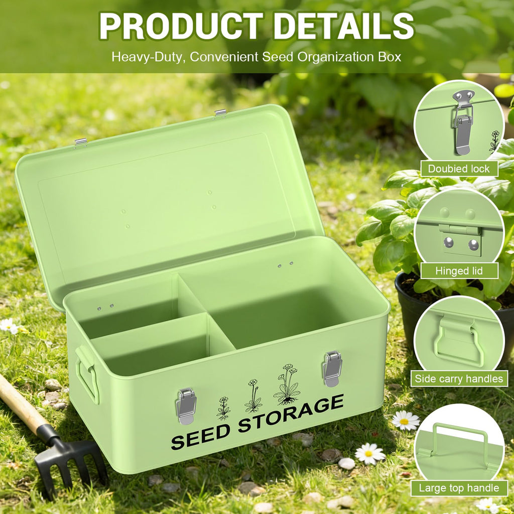 CZMIYRPY 60 Slots Seed Organizer Seed Storage Seed Box 3 Compartments Seeds Organizer Storage Box Metal Garden Seeds Packet Container with Lid and Safety Locks for Flower Plants Garden