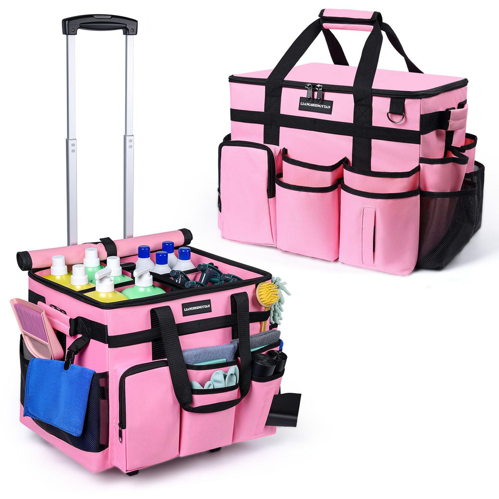 Extra Large Rolling Cleaning Caddy Bag with Wheels, Cleaning Baskets Bags with Detachable Trolley For Housekeepers , Water Resistant Cleaner Supplies Organizer with Wheels for Kitchen, Car