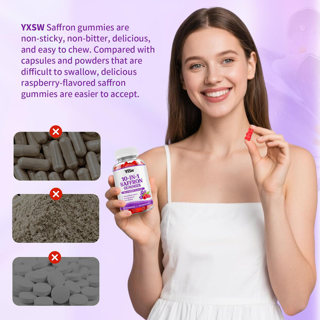 YXSW Saffron Gummies, Saffron Supplements for Kids & Adults with Ashwagandha, L-Theanine, Lemon Balm, Vitamin D3, B6, Magnesium & Zinc - Support Focus, Relaxation, Raspberry Flavor, 120 Count