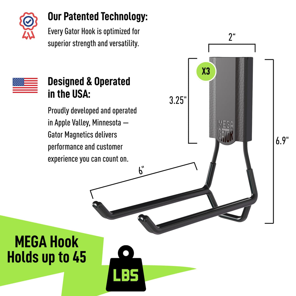 GATOR MAGNETICS MEGA 6 in Open Hooks, 45 lb Heavy Duty Magnetic Hooks for Steel Surfaces, Patented Easy-Release, Non-Slip Grip – Storage & Organization, Garage, Home Tools & Gear Storage – 3 Pack