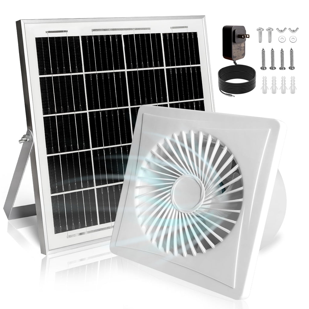 Solar Exhaust Fan, 25W Solar Panel + 8" Ventilation Vent Fan, with Power Adapter, Anti-backflow Valve, High Speed Solar Powered Exhaust Fan for Shed, Chicken Coop, Greenhouse, Dog House (White)