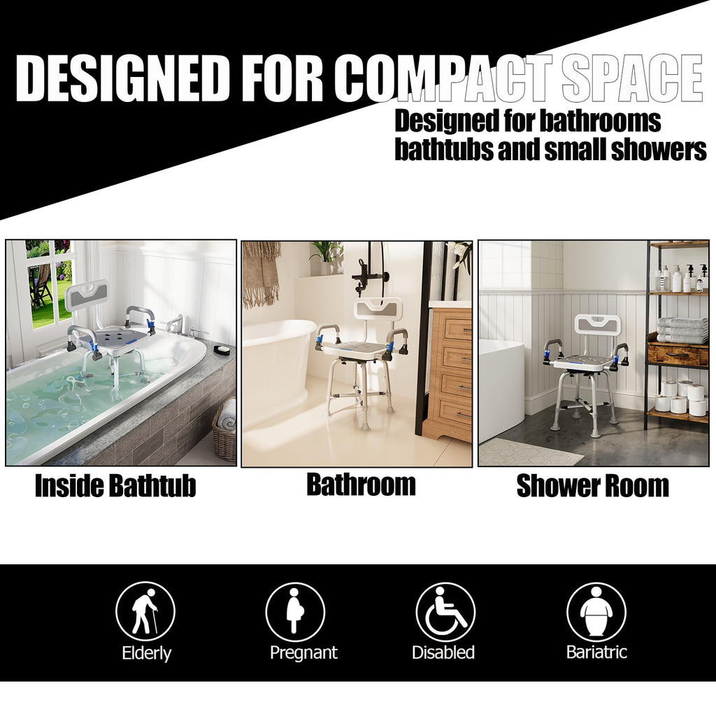 360° Swivel Shower Chair for Elderly and Disabled 400lbs Heavy Duty Bathing Transfer Stool with Armrests & Backrest Adjustable Height Bath Chair for Inside Shower Standard Bathrooms & Bathtubs Gray