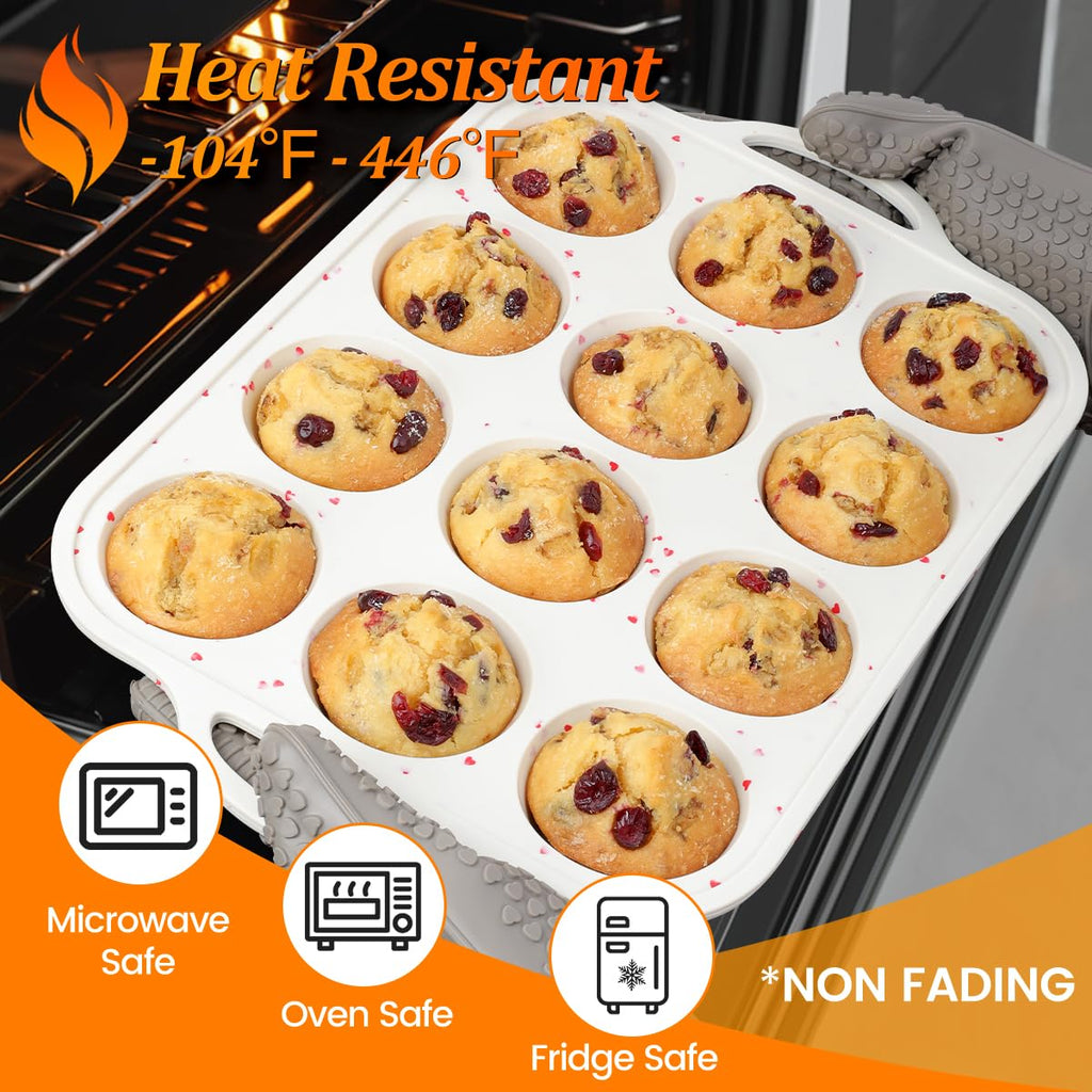 CAKETIME Regular Size Muffin Pan with Metal Reinforced Frame, Silicone Cupcake Pan Easy to Handle Nonstick 12 Cups Silicone Muffin Pans for Baking BPA Free 2 Pack