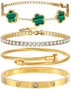 GIVCHO 18K Gold Plated Nail Love Bangle Bracelet Set for Women Stackable Floral Clover Adjustable Tennis Bracelet Non Tarnish Gift Jewelry for Christmas Valentines Birthday Mother's Day (Green)