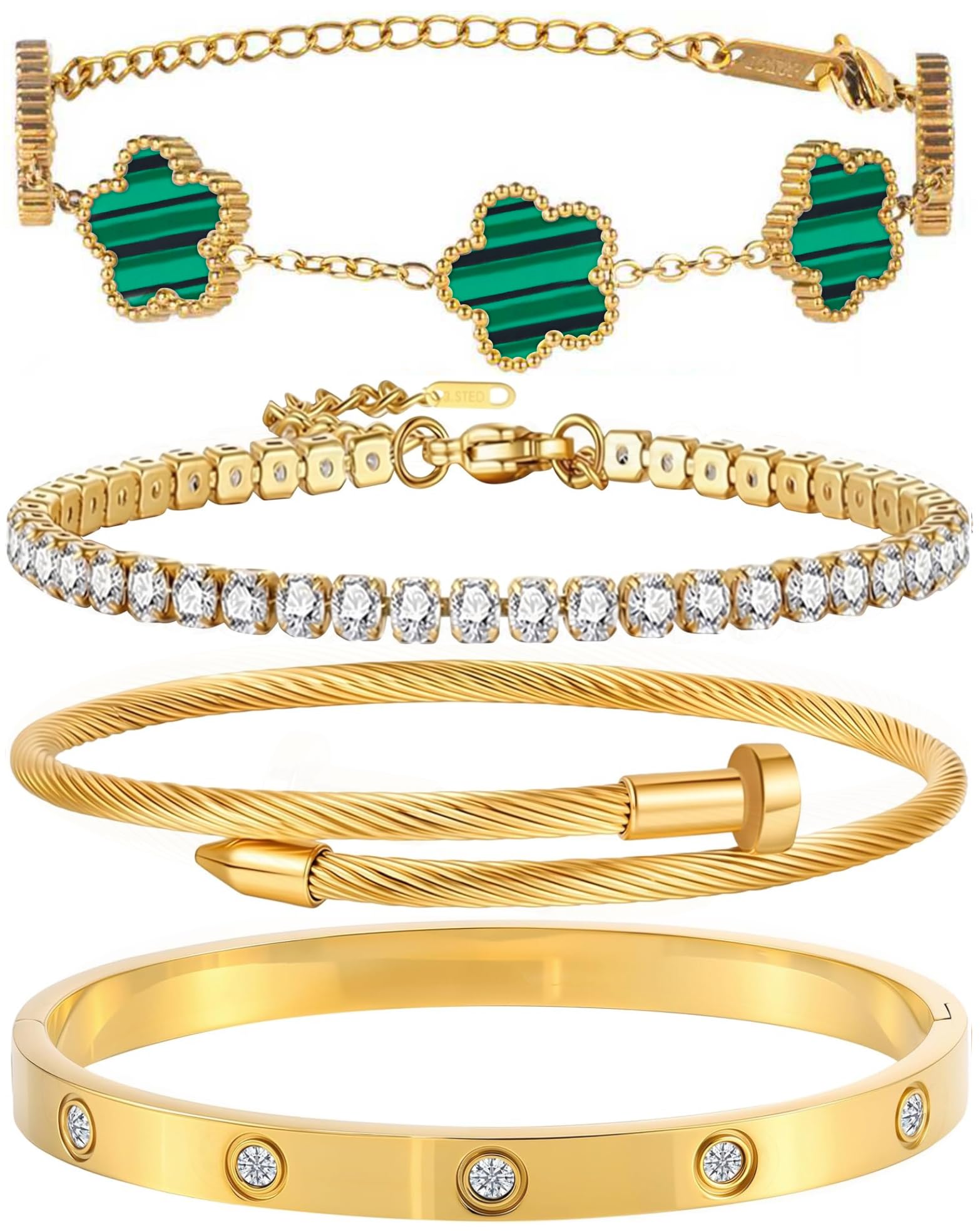 GIVCHO 18K Gold Plated Nail Love Bangle Bracelet Set for Women Stackable Floral Clover Adjustable Tennis Bracelet Non Tarnish Gift Jewelry for Christmas Valentines Birthday Mother's Day (Green)