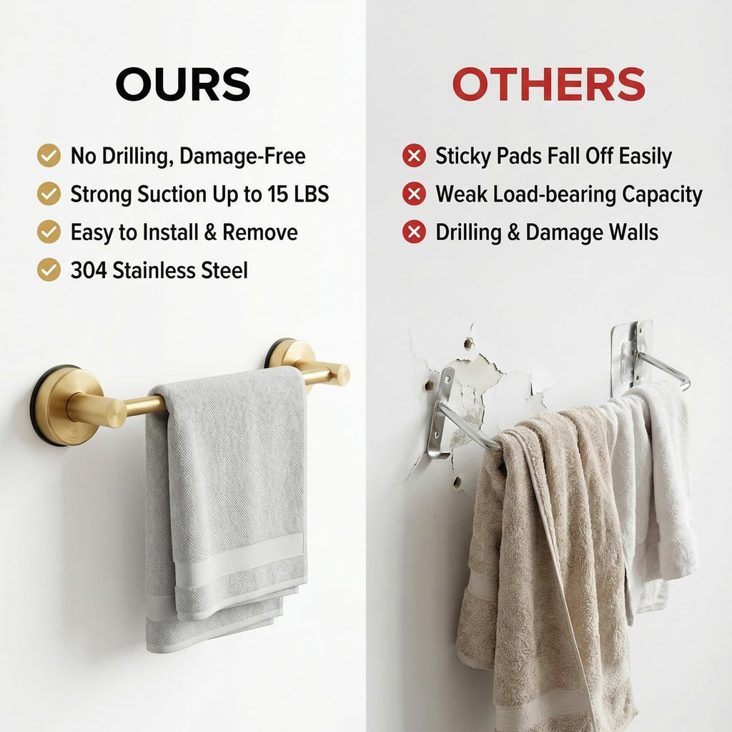 Dovyn Stainless Steel Suction Cup Towel Bar, Adjustable Towel Racks for Bathroom (14.6-24 Inch) - Bathroom Towel Holder Wall Mounted for Glass Shower Door & Wall (Brushed Gold)
