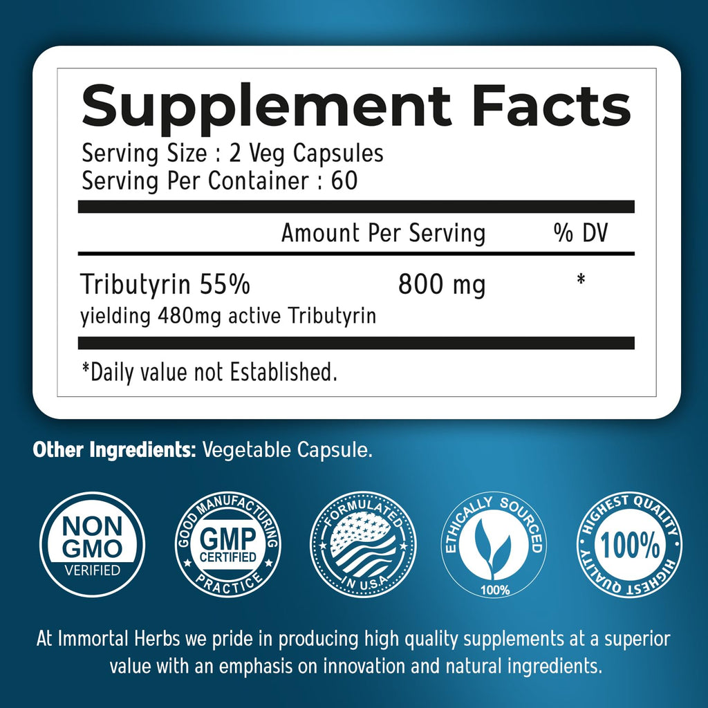 Immortal Herbs Tributyrin Supplement 800mg, Advanced Butyrate Form, 55% Standardized, More Effective Delivery Than Sodium Butyrate, 120 Capsules, Non-GMO & Gluten Free Postbiotic Supplement