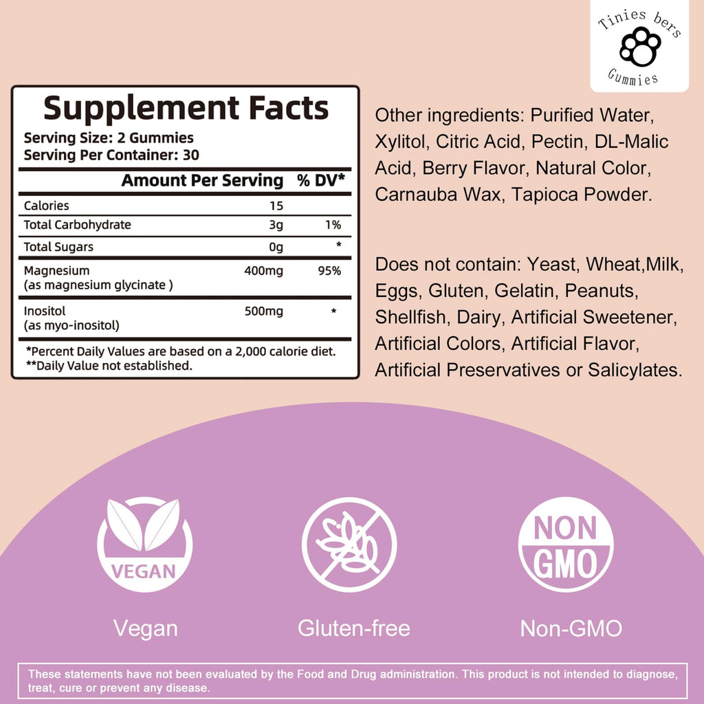 Magnesium Glycinate Gummies 400mg, w/Inositol 500mg for Women, Mineral & VIT B8 for Sleep, Stress & Muscle Relief, Metabolism Health, Sugar Free, No Melatonin, Gluten Free, Non GMO, Vegan, Pectin, 60