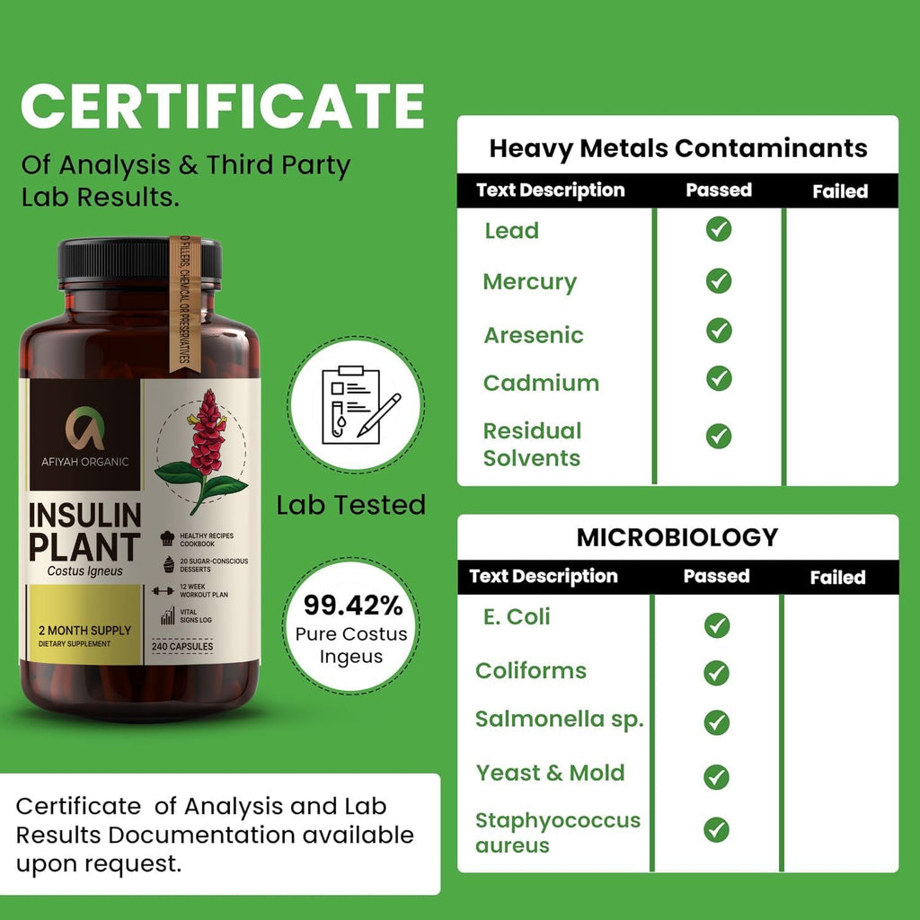 Afiyah Organic - Premium Quality Costus Igneus (Insulin Plant) Capsules - Easy to Swallow 240 Veggie Capsules (2 Month Supply) - Made in the USA - Including Complete Health Support Program