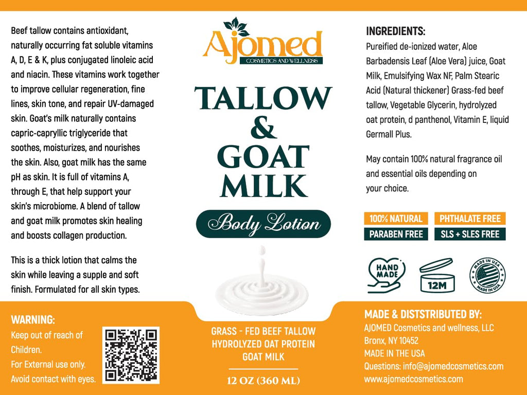 Tallow & Goat Milk Body Lotion for Sensitive Skin, Organic moisturizing Lotion - Soothes Dry skin, Goat Milk face and body Moisturizer - Handmade Tallow for skin cream (12 OZ, Oatmeal & Honey)
