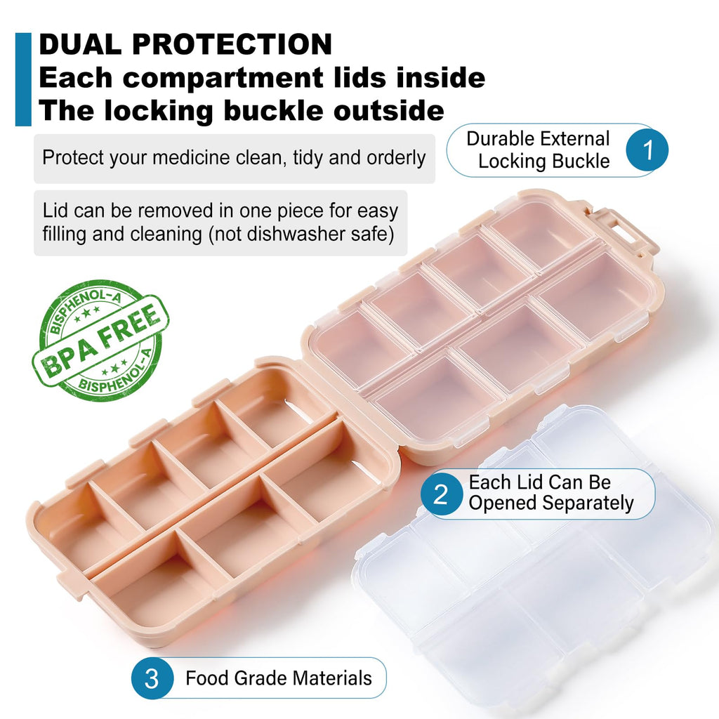 14 GRIDS Travel Pill Organizer Box with Labels - Travel Medicine Case Kit - Pocket Daily Pharmacy Container - Travel Medication Holder Dispenser for Fish Oil Vitamin Supplement Storage - Pink
