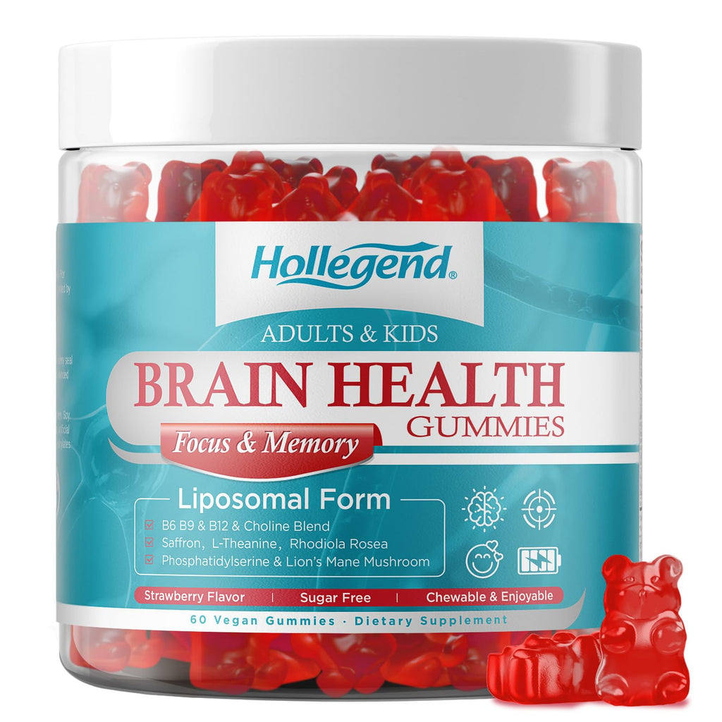 HOLLEGEND Brain Supplement Gummies, Choline + Phosphatidylserine + Lion’s Mane & Vitamins,16-in-1 Brain Supplement for Memory and Focus Support, Adults & Kids, Vegan, Sugar Free, Organic, 60 Chewables