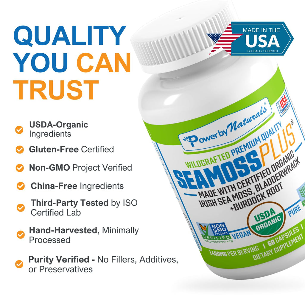 Power By Naturals SeaMoss Plus - USDA Organic Irish Sea Moss Capsules w/Wild Harvested Irish Seamoss, Bladderwrack & Burdock Root Immunity Supplement Sea Moss Pills for Adult 60Ct - 1 Pack