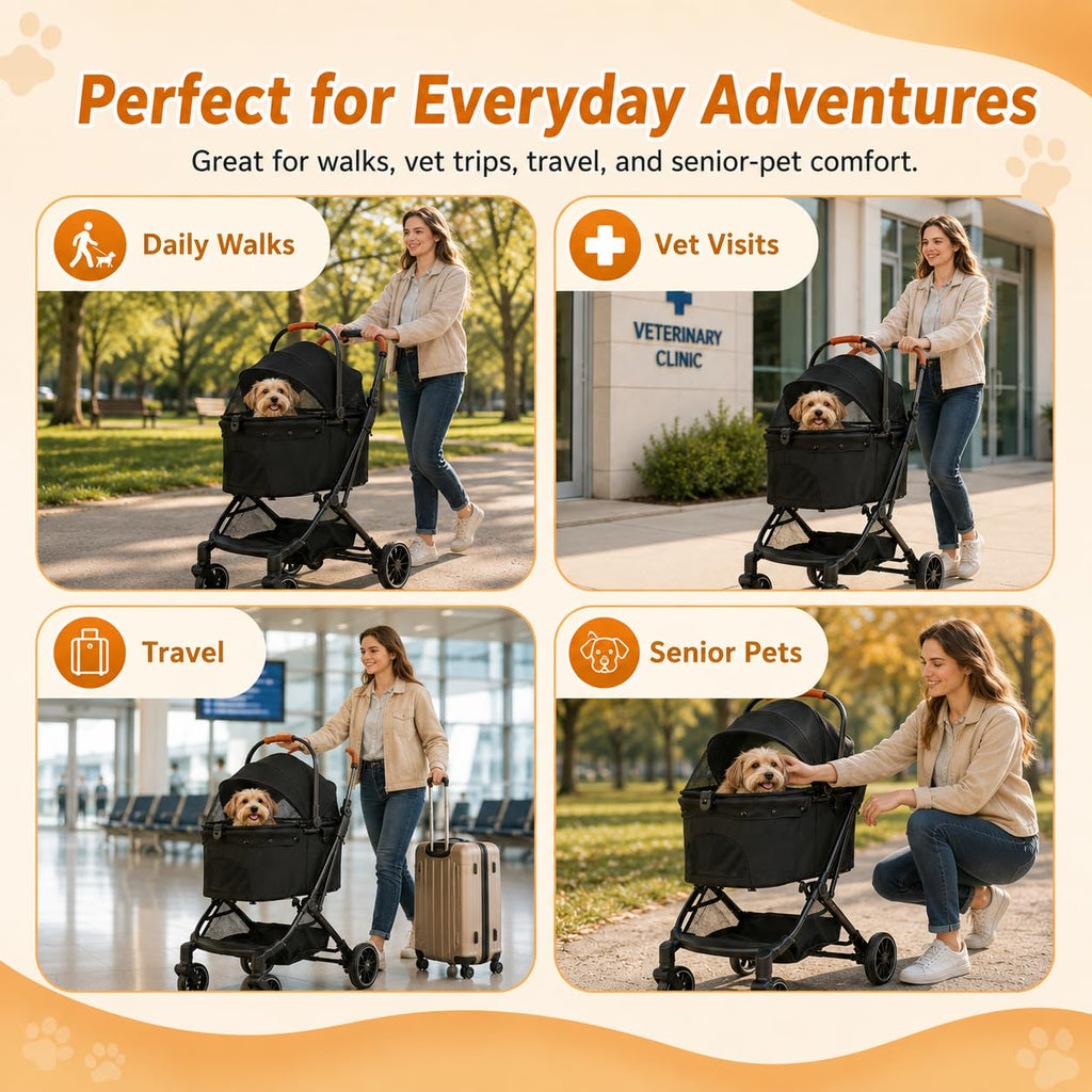 VRHOT Pet Stroller for Small Dogs and Cats, Detachable Dog Cat Stroller with All-Terrain Shock Absorbing Wheels, One-Click Foldable Design, Adjustable Canopy (Gray)