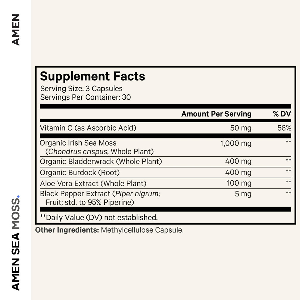 Amen Sea Moss, 1000mg Organic Irish Sea Moss, Bladderwrack, 90 Capsules