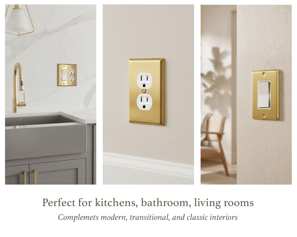 Rio Salto MIDSIZE BRASS Signature Collection Decorative Brushed Brass Gold Metal Outlet Covers, Light Switch Cover Plate, Premium Wall Plate Covers, 2-Gang Double Toggle Flip Switch 5" x 4.94", 1-Pack
