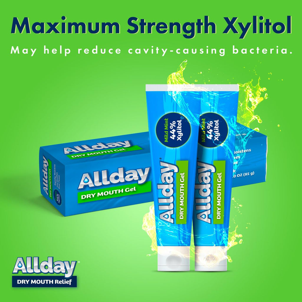 Allday Dry Mouth Treatment Gel - Maximum Strength Xylitol, Fast Acting, Non-Acidic (2 Tubes Inside One Box)