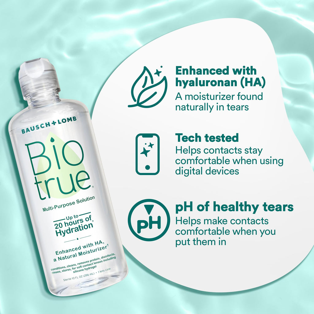 Biotrue Contact Solution, Multi-Purpose Solution with Lens Case, Cleans, Conditions, Hydrates, Disinfects, Removes Protein, Dirt & Debris, Contact Lens Cleaner & Storage, 10 Fl Oz (Pack of 1)