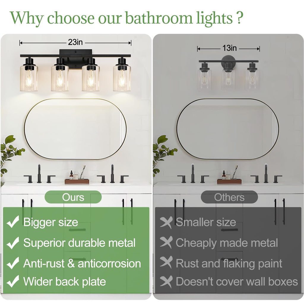 Indoi 4-Light Bathroom Light Fixtures, Matte Black Modern Vanity Lights with Clear Glass Shades, Bathroom Wall Lamp for Mirror Living Room Cabinet Bedroom Porch