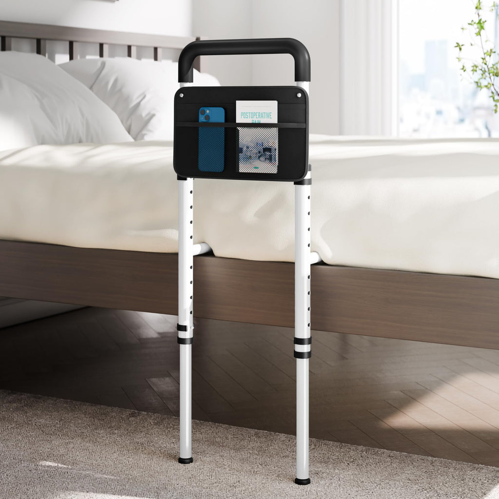 Josmimic Bed Rails for Elderly Adults Safety - Height Adjustable Bedrail with Storage Pocket and Non-Slip Handle Bar for Getting in&Out of Bed, Hold up to 300LBs - Fits Twin Full Queen King,Black