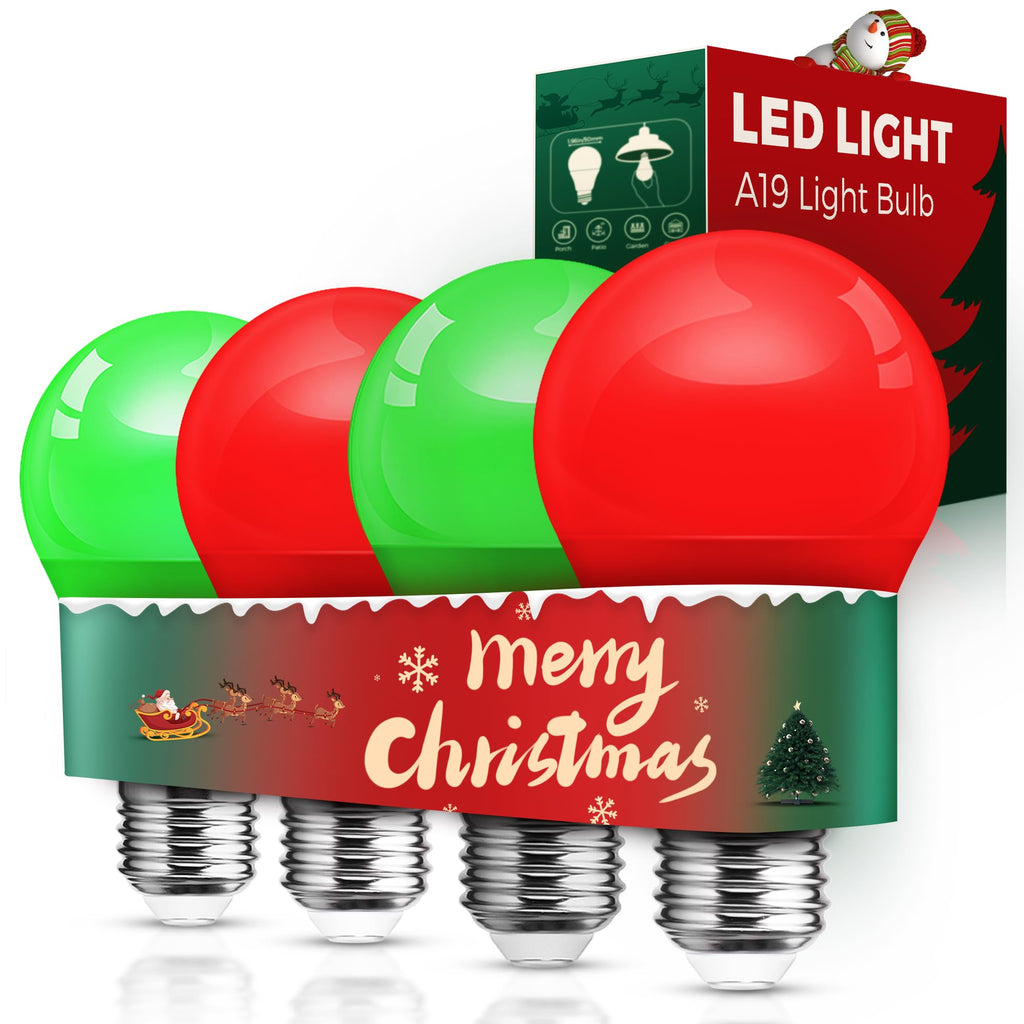 L LOHAS LED Red and Green Light Bulbs Outdoor 4 Pack, Red and Green Light Bulbs for Christmas Decoration, A19 9W, 720LM, E26 Base, Non-Dim