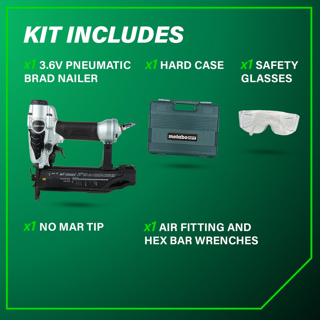 Metabo HPT Brad Nailer, Pro-Preferred Lightweight Pneumatic Power Nailer for Precision Trim Work and Furniture Building, Adjustable Depth, 18 Gauge, 5/8" up to 2" Brad Nails, NT50AE2