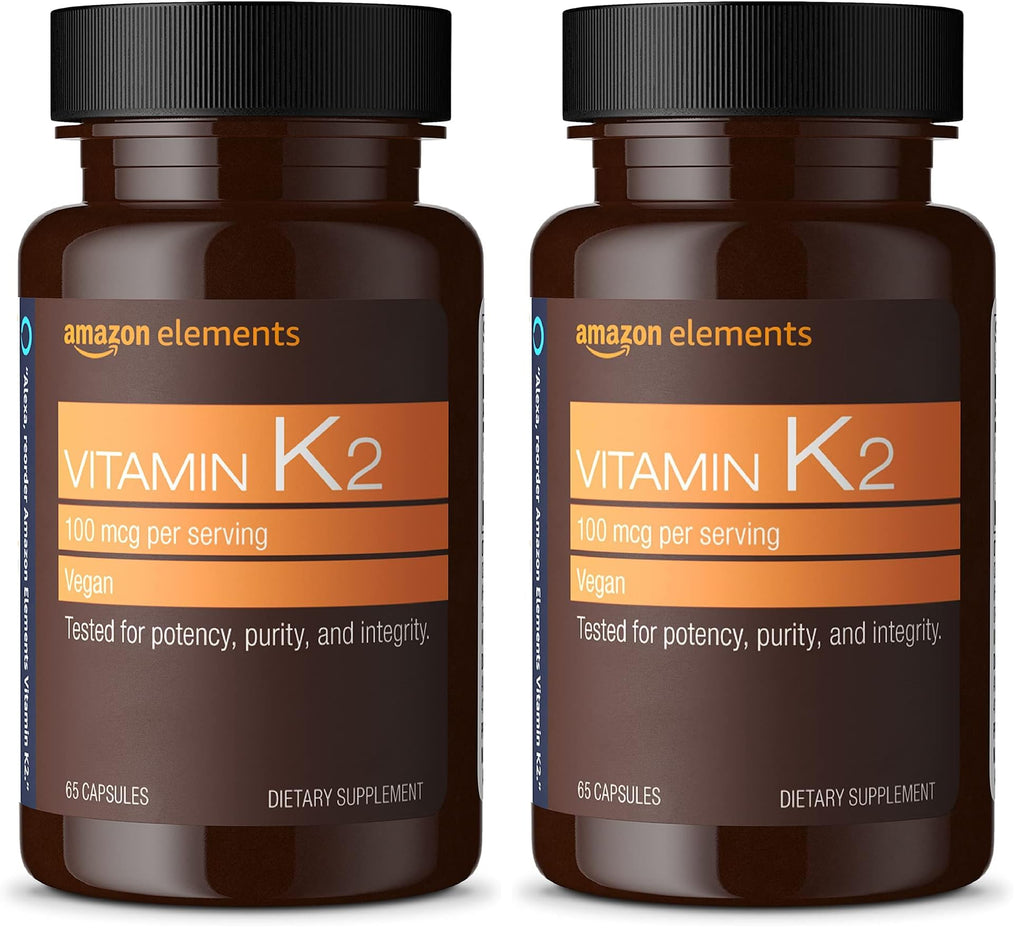 Amazon Elements Vitamin K2 100 mcg, Vegan, 65 Capsules, 2 Month Supply (Packaging May Vary) (Pack of 2)