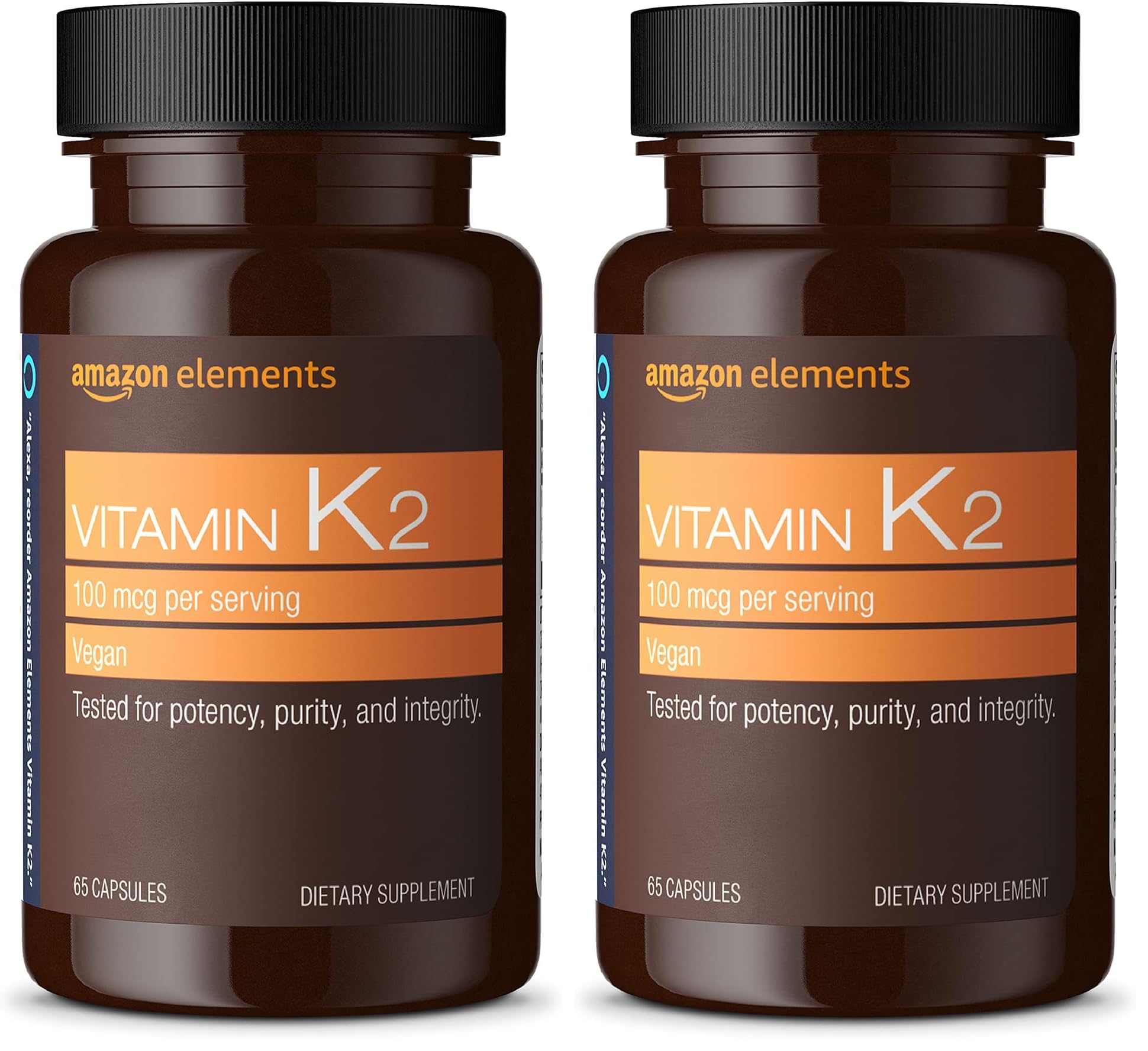 Amazon Elements Vitamin K2 100 mcg, Vegan, 65 Capsules, 2 Month Supply (Packaging May Vary) (Pack of 2)