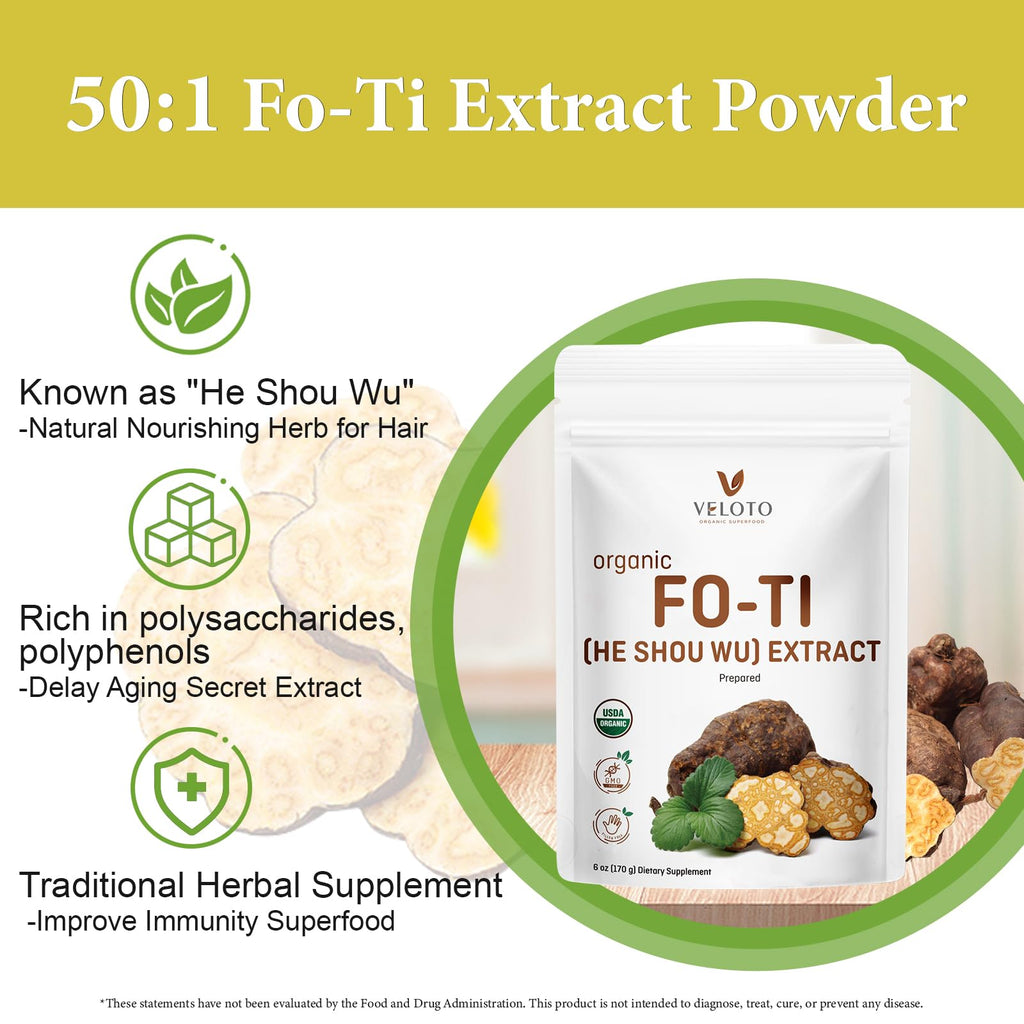 VELOTO Organic He Shou Wu Extract Powder 50:1 – Pure Fo-Ti Herbal Supplement, No Fillers, Vegan, Traditionally Used for Hair, Vitality & Antioxidant Superfood (6 Ounce)