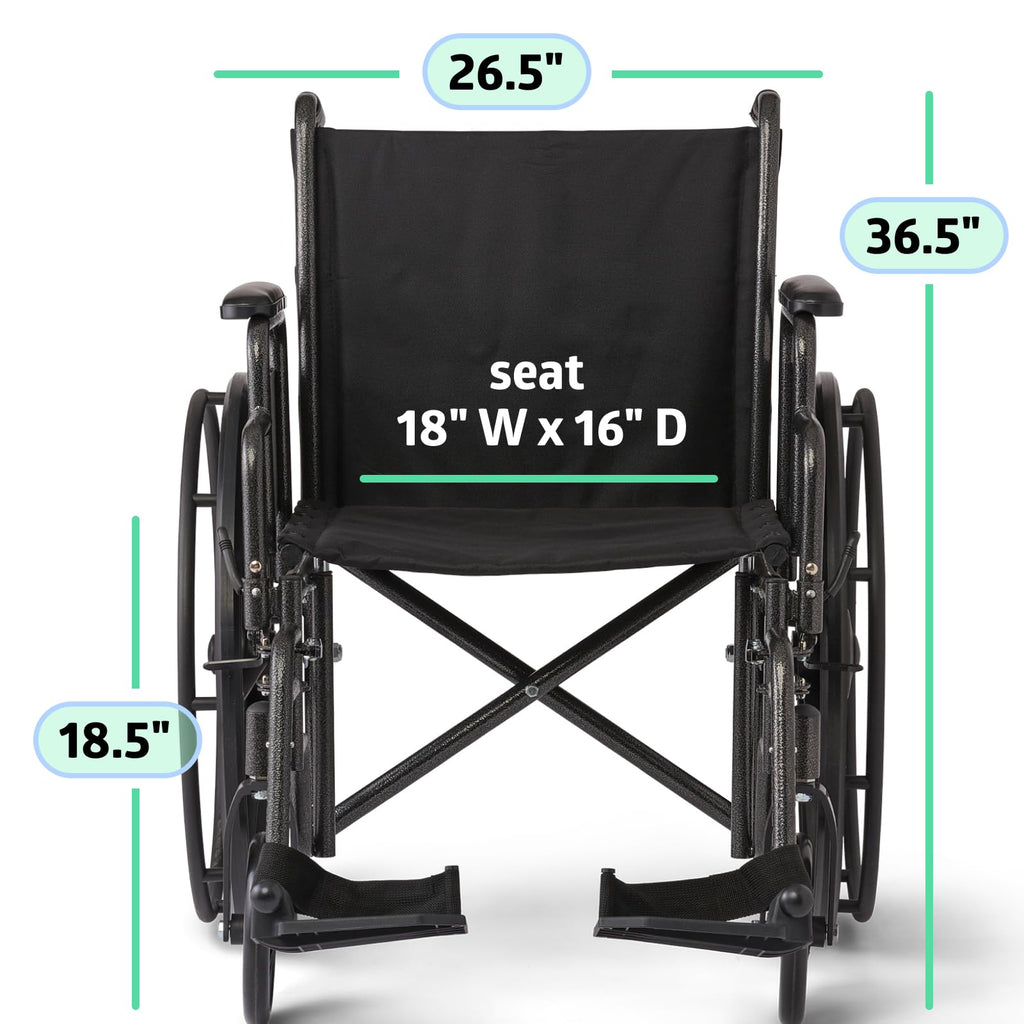 Medline Comfortable Folding Wheelchair with Swing-Back Desk-Length Arms and Swing-Away Footrests, 18”W x 16X”D Seat