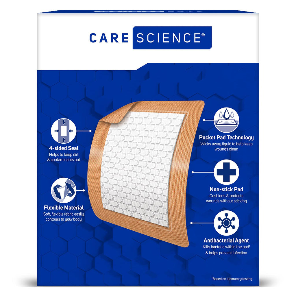 Care Science Fabric Adhesive Pad Bandages, 3x4 inches Extra Large Flexible Non-Stick Strip, Helps Prevent Infection, Breathable Protection, for First Aid & Wound Care, 30 Count