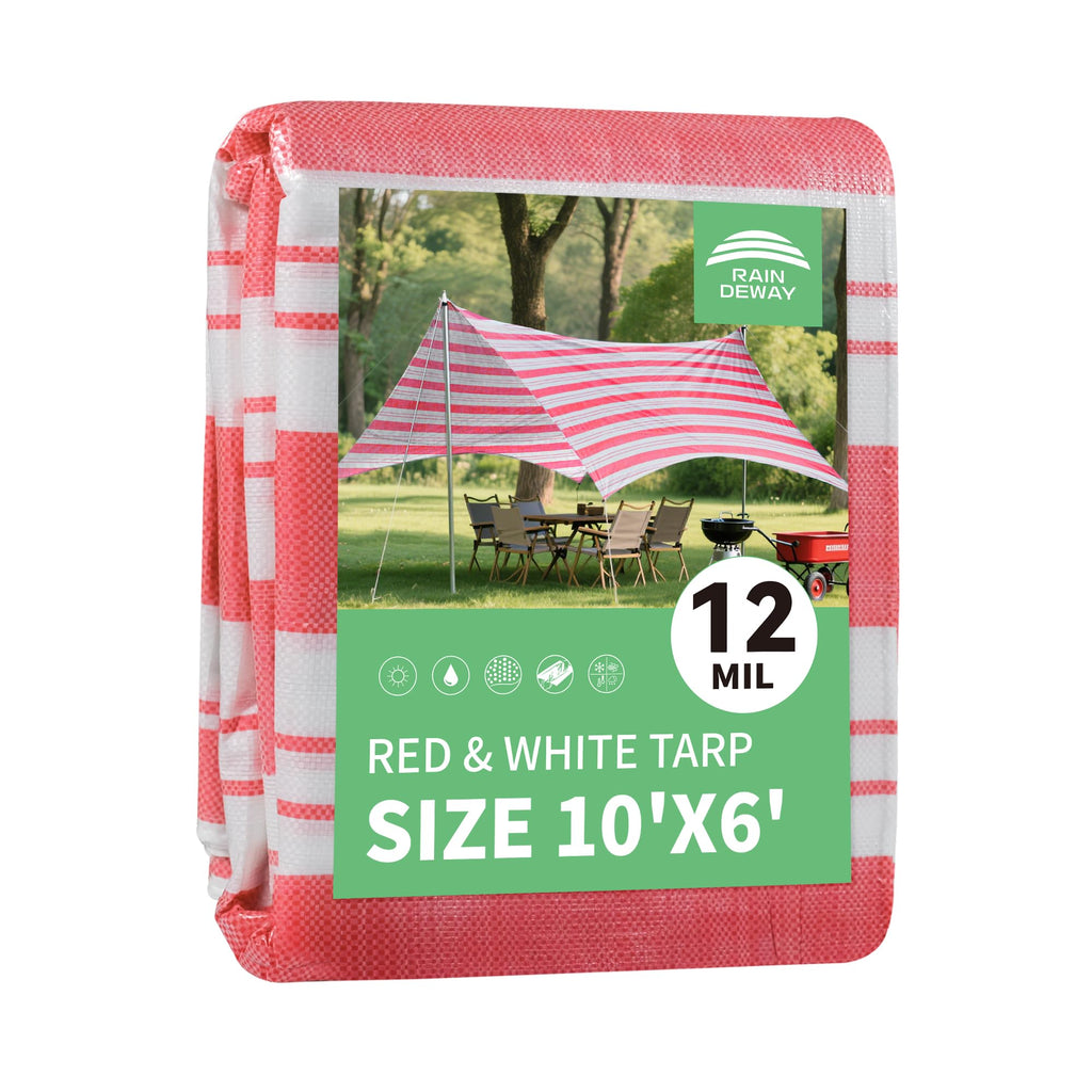 RAINDEWAY Tarps 6x10 Feet,12 Mil Sunshade Striped Tarp Waterproof,Multipurpose Poly Tarp Cover with Grommets and Reinforced Edges,Red/White Tarps