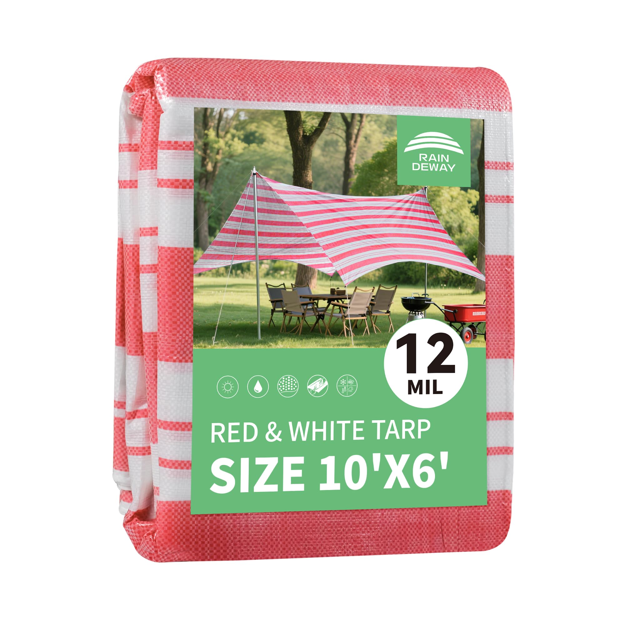 RAINDEWAY Tarps 6x10 Feet,12 Mil Sunshade Striped Tarp Waterproof,Multipurpose Poly Tarp Cover with Grommets and Reinforced Edges,Red/White Tarps