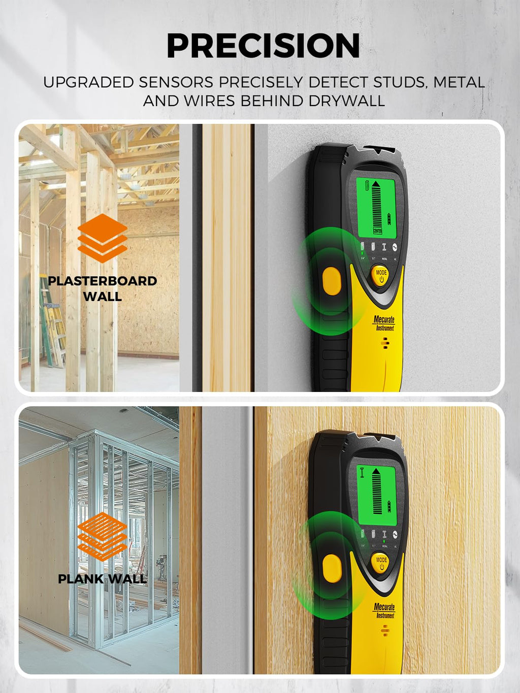 Mecurate 5-in-1 Stud Finder with LCD Display, Wall Scanner for Studs, Metal, AC Wires Detection, Lightweight & Durable, Perfect for Homeowners & DIY Projects (Yellow)