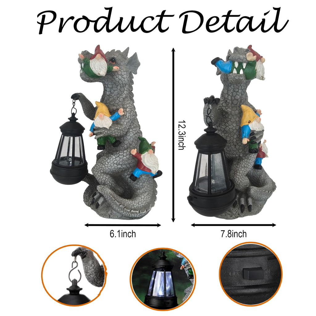SAMPU CRAFT 12.3 Inch Dinosaur Garden Gnome Statue with Solar Lantern