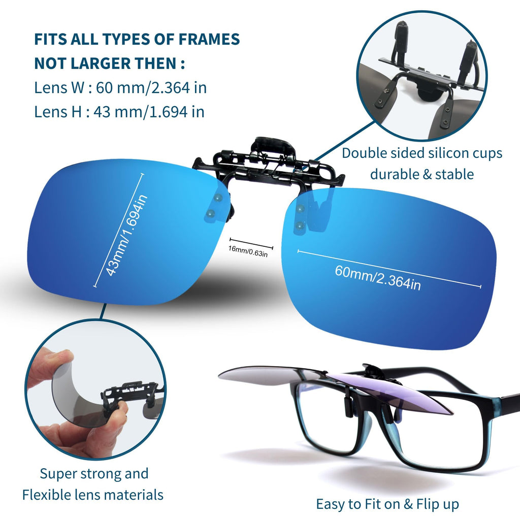 BLUE CUT Clip on Polarized Night vision Glasses Flip up Sunglasses UV-400 to Wear Over prescription Glasses for night driving