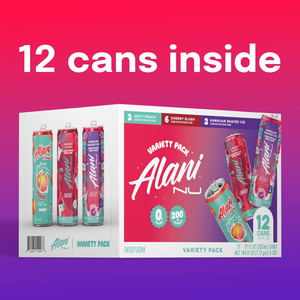 Alani Nu VARIETY PACK CHERRY SLUSH, JUICY PEACH, HAWAIIAN SHAVED ICE Sugar Free, Low Calorie Energy Drinks, 200mg Caffeine, Biotin B Vitamins, Zero Sugar, 10 Calories, 12 Fl Oz Cans, 12 Pack