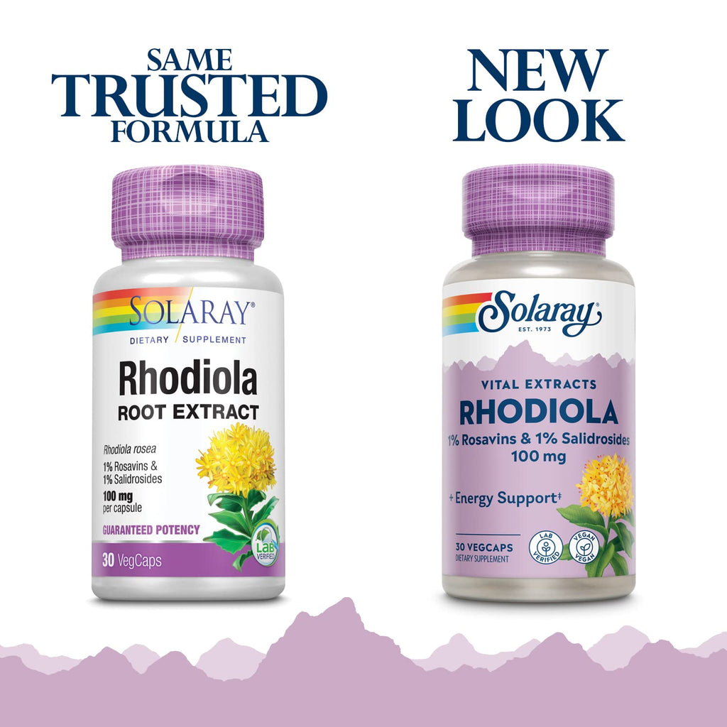SOLARAY Rhodiola Root Extract 100mg - Rhodiola Rosea Supplement - Powerful Herbal Support for Women and Men with 1% Rosavins, 1% Salidrosides - Non GMO, Vegan, Lab Verified - 30 Servings, 30 VegCaps