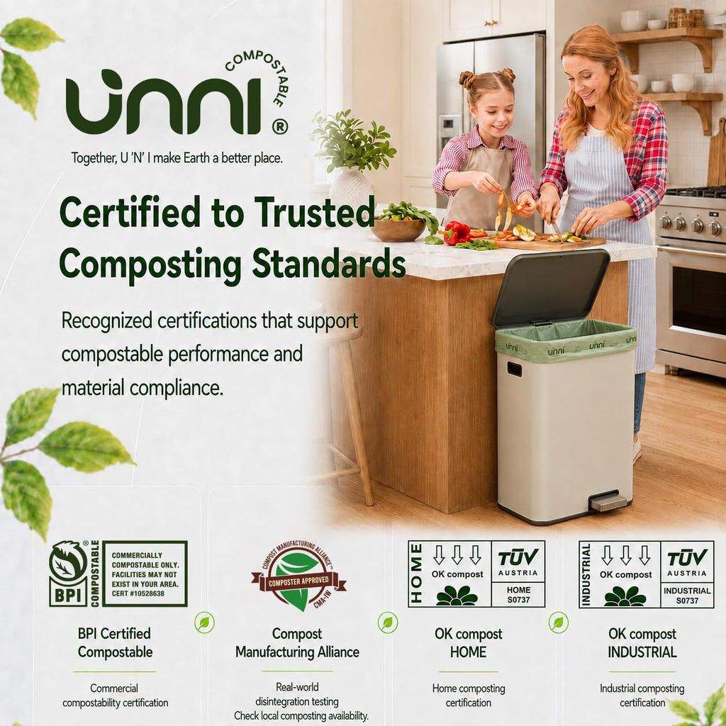 UNNI Compostable Trash Bags, 8 Gallon / 30 Liter, 50 Count, Extra Thick 0.85 mil Medium Kitchen Food Scrap Bin Liners, Certified by BPI, CMA & OK compost HOME, Meets the ASTM D6400 Standard